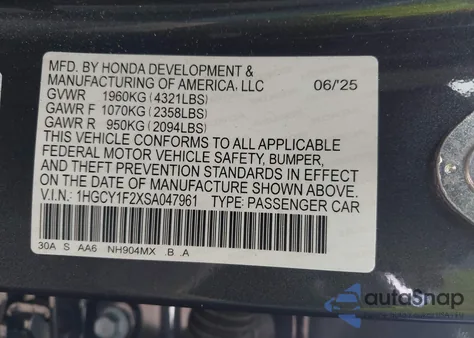 2025 Honda Accord Lx z USA, uszkodzony, nr VIN 1HGCY1F2XSA047961
